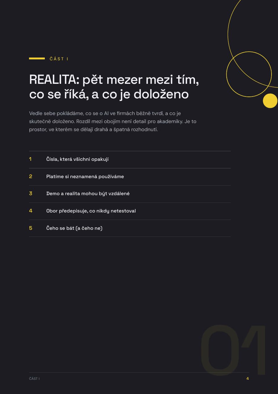 Strana 4 e-booku: úvod části I „Realita: pět mezer mezi tím, co se říká, a co je doloženo“ se seznamem pěti kapitol.